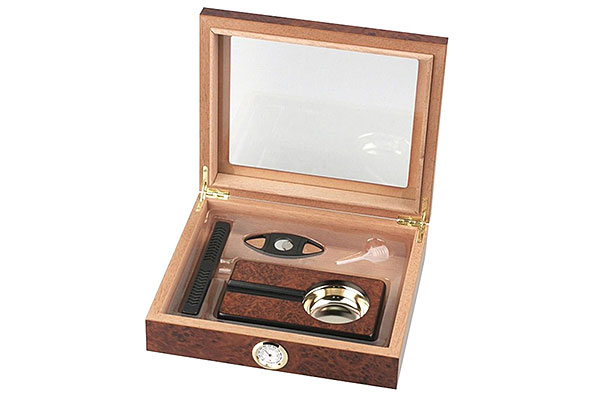 Zigarren Humidor-Set Wurzelholz-Design mit Glasdeckel + Zubehör Zigarren Humidor-Set Wurzelholz-Design mit Glasdeckel + Zubehör