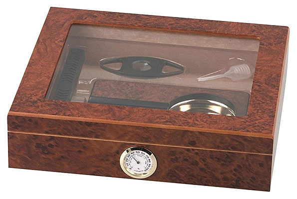 Zigarren Humidor-Set Wurzelholz-Design Frontansicht geschlossen