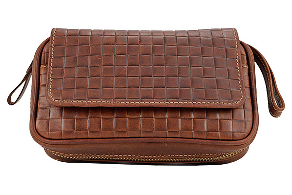 Pfeifentasche Leder Braun Antik Flechtdesign f�r 2 Pfeifen