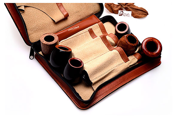 Dereso Select Pfeifentasche Leder Cognac Hellbraun Hauptfach voll best�ckt mit 7 Pfeifen