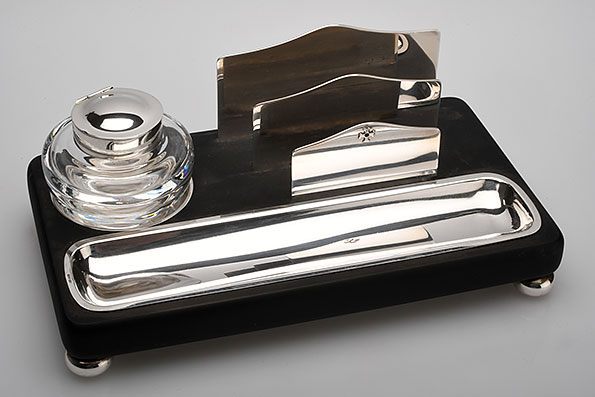 Sillem's Schreibtischset mit Kristallfass 925er Sterling Silber