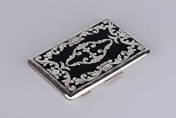 Sillems Visitenkartenetui Schwarz Emaille 925er Sterling Silber