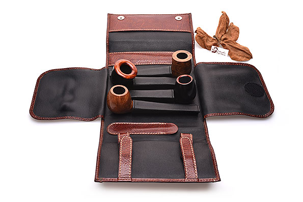 Martin Wess Design Leder Pfeifentasche Best�ckt mit vier Pfeifen Draufsicht