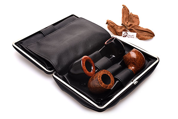 Martin Wess Design Leder Pfeifentasche Ge�ffnet und best�ckt mit vier Pfeifen